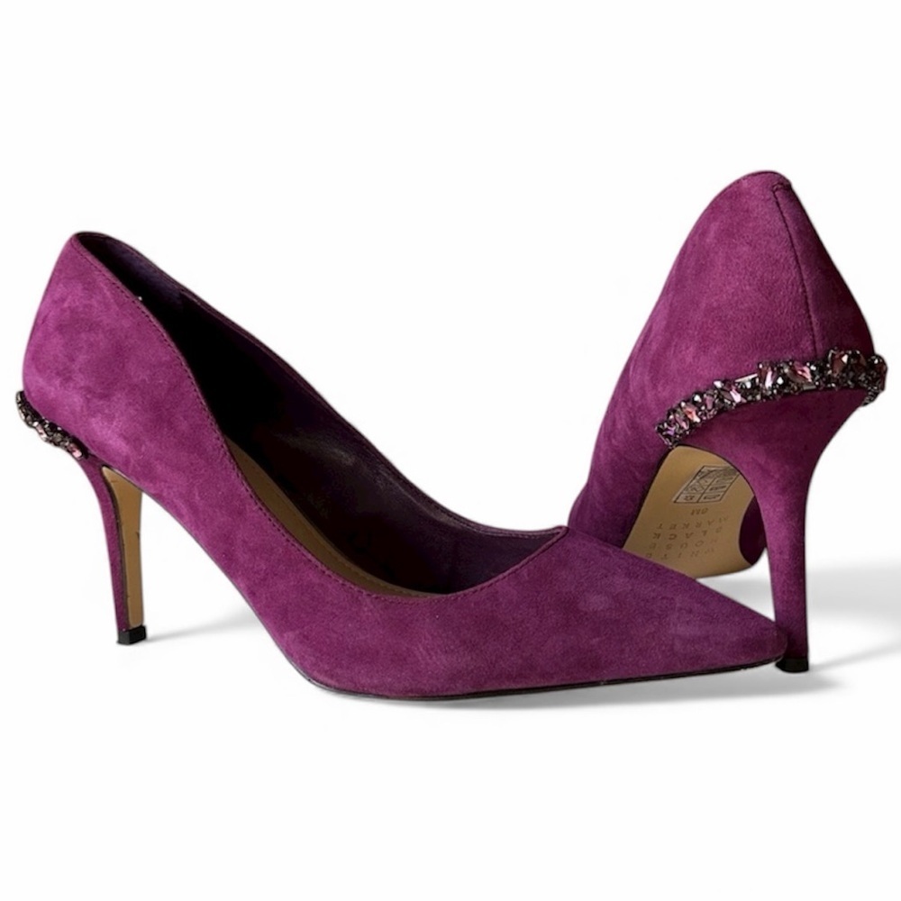 WHBM Rhinestone Embellished Suede Upper Heel Jewel Tone Plum Party Wedding Guest